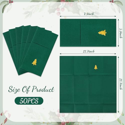 JarThenaAMCS 50 Pcs Christmas Linen Feel Napkin Xmas Tree Gold Foil Disposable Airlaid Paper Napkin Green Prefolded Dinner Napkins with Built-in Flatware Pocket for Winter Holiday Party Supplies