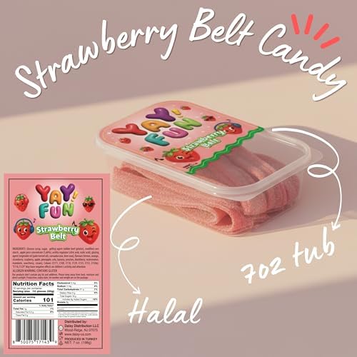 Halal Strawberry Belt Gummy Candy | 6 Pack Bundle (6x7 oz Tubs) | Sweet & Tangy Strawberry Gummy Strips | Resealable Tubs in Bulk with Display Box | Halal Bulk Sour Belt Gummy Candy for Parties & Sharing