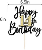 Black Gold Glitter Happy 14th Birthday Cake Topper,Happy 14 Birthday Cake Decoration for 14 & Fabulous Birthday,Hello 14 Party Anniversary Party Cake Decorations Supplies