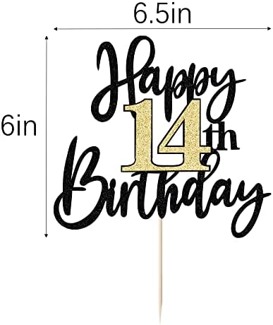 Black Gold Glitter Happy 14th Birthday Cake Topper,Happy 14 Birthday Cake Decoration for 14 & Fabulous Birthday,Hello 14 Party Anniversary Party Cake Decorations Supplies