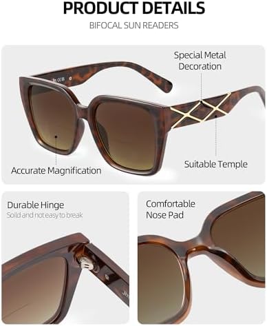 JM Bifocal Reading Sunglasses for Women, Oversized Fashion Square Gradient Sun Readers Outdoor UV400