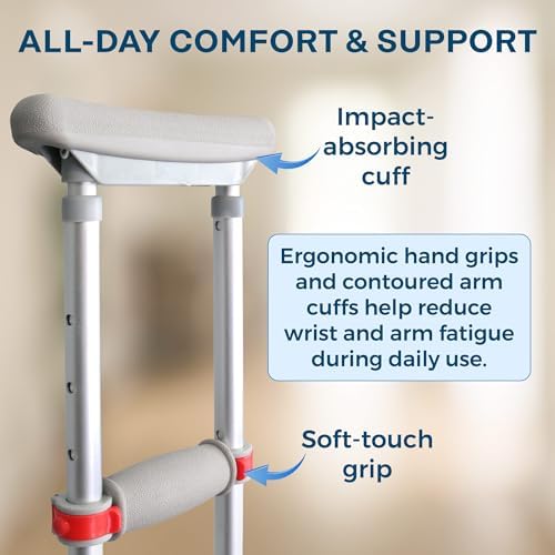 DMI Universal Aluminum Crutches - Adjustable Underarm Walking Aid for Adults, Shorter to Tall (4'6"-6'6"), Push-Button Height Adjustment, 300 lbs Capacity, Slip-Resistant Tips, 1 Pair