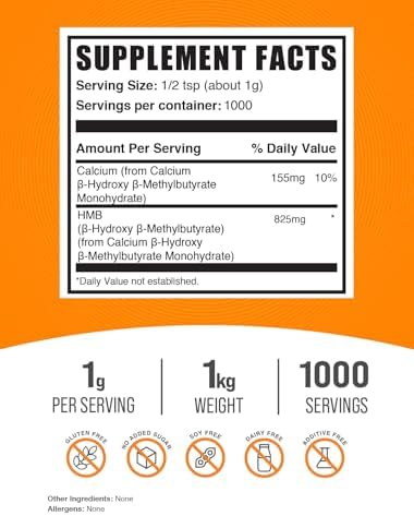 BulkSupplements.com HMB Powder - as Calcium HMB, Beta-Hydroxy Beta-Methylbutyrate - HMB Powder Supplements, Gluten Free - 1g per Serving, 1kg (2.2 lbs) (Pack of 1)