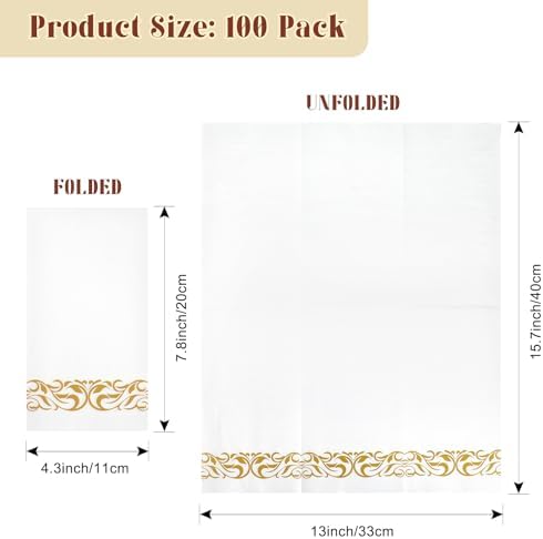100 PCS Gold Paper Napkins, 3-Ply Premium Quality Disposable Decorative Paper Napkins, 15.7 x 13 Inch Soft Hand Towels Cocktail Napkins for Guest, Kitchen, Baby Shower Birthday Wedding Xmas Party