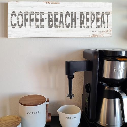 Retro Coffee Beach Repeat Sign Shabby Chic Coastal Bar Decor Inspirational Words Prints on Wood Grain Canvas Country Seaside Coffee Shop Pub Store Decoration Summer Beach House Supplies 8x24inch