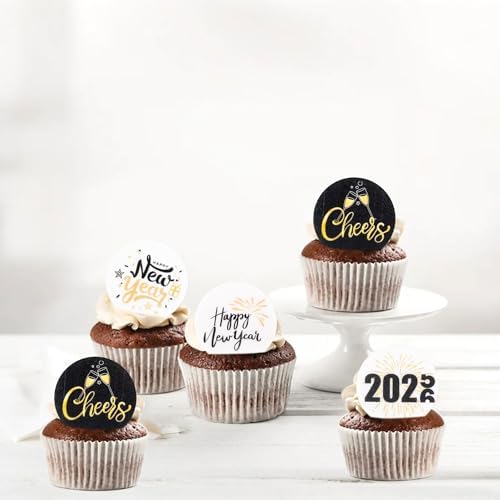 Ercadio 48 PCS Edible Happy New Year Cupcake Toppers Hello 2026 Cupcake Toppers Cheers to 2026 Gold Black Glitter Cupcake Topper Firework Cake Picks for New Year Eve Party Decor Supplies