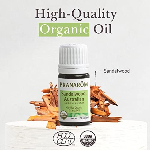 Pranarom USDA Certified Organic Australian Sandalwood Essential Oil (5ml), 100% Pure Natural Therapeutic Grade for Home Diffusing, Aromatherapy, Skincare, Candle Making, DIY Perfumes