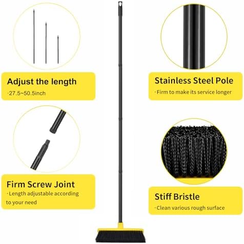 Push Broom Outdoor Indoor Broom 12" Wide,50" Long Handle with Stiff Bristles for Cleaning Scrubbing Deck Driveway Yard Patio Wood Stone Tile Floor