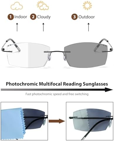 Photochromic Progressive Multifocal Reading Glasses Men Women Rimless Multifocus Readers Diamond Cut Blue Light Blocker No Line Spring Hinge Titanium Eyeglasses Transition Sunglasses With Readers 2.5