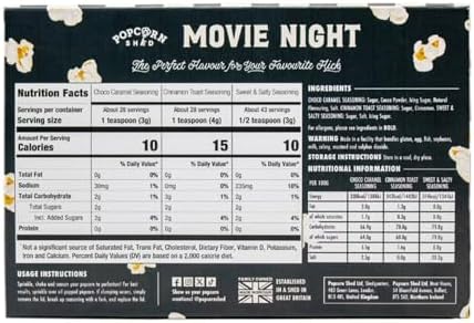 Movie Night Popcorn Seasoning Kit, DIY Popcorn, Popcorn Seasoning Shakers, 3 Flavors: Chocolate Caramel, Cinnamon Toast and Sweet & Salty, 11.5oz, Imported from UK