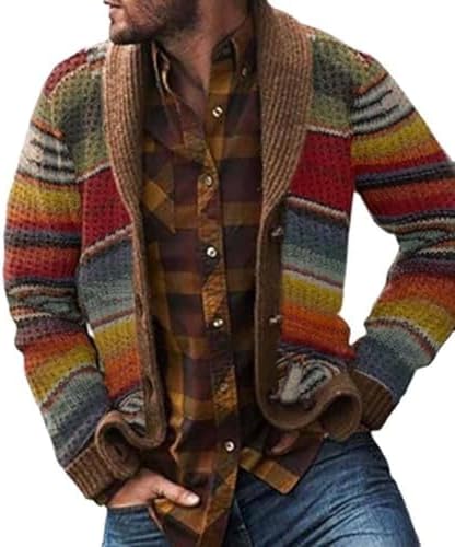 Mens Cable Knit Cardigan Outerwear Shawl Collar Knited Topcoat with Pockets Vintage Slim Fit Sweater
