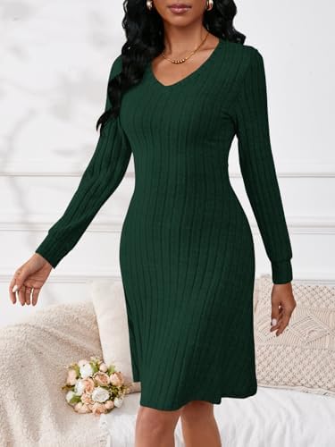 PerZeal Women's Casual V Neck Long Sleeve Knit 2026 Trendy Spring Dresses Solid Color A Line Midi Dress Sweater Dress
