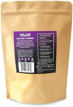 Sou Zen Earl Grey Lavender Loose Leaf Tea Blend 4oz (113g) | Ceylon Black Tea, Bergamot Oil, Lavender Flowers | Raw and Naturally Organic Ingredients | Energizing and Refreshing With No Additives