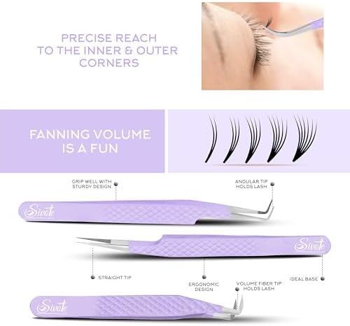 SIVOTE Lash Tweezers for Eyelash Extensions, Pack of 5 Purple – Lash Extension Tweezers Set with Diamond Grip, Precision Fiber Tip for Volume Eyelash Extensions