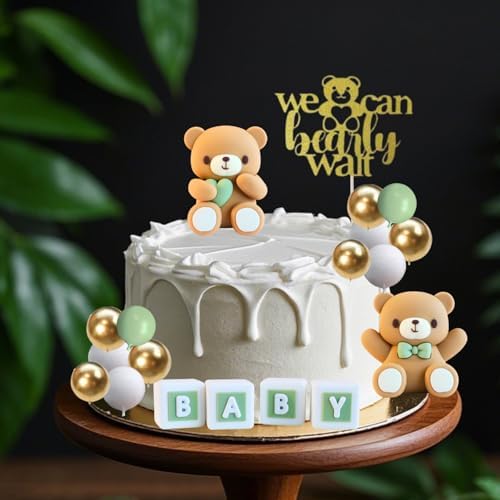 ALISSAR 32Pcs Bear Cake Toppers for Baby Shower with Balls, We Can Bearly Wait Cake Topper, Bear Baby Shower Decorations(sage green)