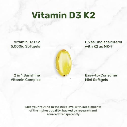 DEAL SUPPLEMENT Vitamin D3 5,000 IU + K2 MK7 Softgels, 250 Count | 2-in-1 Complex | Easy to Swallow