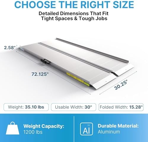 EZ-ACCESS TRAVERSE Aluminum Singlefold Folding Ramp, Portable Loading Ramps for Wheelchairs, Motorcycles, Lawn Tractors & ATVs, Heavy Duty Aluminum Folding Ramps with Carrying Handles (Silver, 6 Foot)