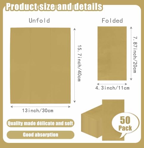 SietDESEO 50 Pieces 3-ply Gold Napkins Disposable 13 x 15.7 Inches Guest Bathroom Napkins Disposable Hand Towels for Bathroom Wedding Birthday Party Christmas Paper Dinner Napkin