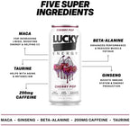 Lucky Energy Sugar Free Energy Drinks, Cherry Pop, 16oz Cans (12-Pack) Healthy, Zero Sugar Energy Drink with Maca, Ginseng, Beta-Alanine, Taurine & 200mg Caffeine