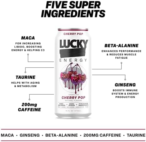 Lucky Energy Sugar Free Energy Drinks, Cherry Pop, 16oz Cans (12-Pack) Healthy, Zero Sugar Energy Drink with Maca, Ginseng, Beta-Alanine, Taurine & 200mg Caffeine