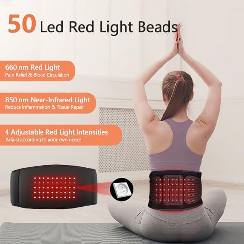 Lower Back Massager Belt with Four Modes Heating & Massage & Red Light, Ergonomic Support Massage Belt with Timer, Portable Cordless Heating Pad for Back Relieve Pain, Battery-Powered