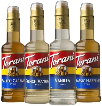 Torani Flavored Drink Syrup Café Variety Pack, Vanilla, Salted Caramel, Classic Hazelnut & French Vanilla, 12.7 fl oz (Set of 4)