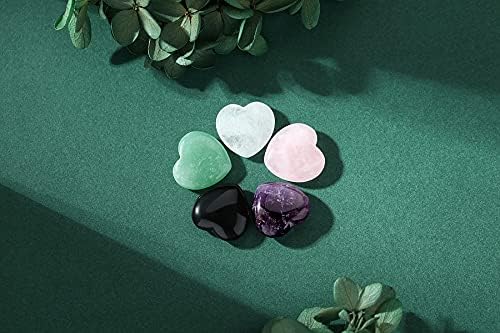 YATOJUZI 5PCS Natural Heart Healing Crystals Rose Quartz Amethyst Heart Love Stones Set Bulk Polished Pocket Palm Thumb Gemstones Chakra Reiki Balancing