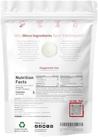 Micro Ingredients Electrolytes Powder, 2 lbs | 90 Servings | Sugar Free Workout Hydration | Potassium, Sodium, L-Glutamine, Beta-Alanine, & More | Watermelon Lime Flavor | Non-GMO, Gluten Free