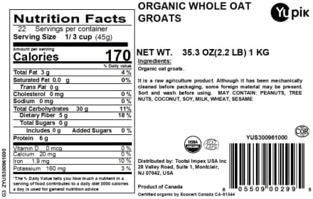 Yupik Organic Whole Oat Groats,2.2 lb (35.2 oz), Non-GMO, Vegan, Kosher, Raw, Whole Grain Oats, Salt-Free, Nutty Flavor, Good Source of Fiber, Ideal for Baking & Cooking