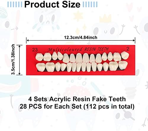 4 Sets Acrylic Resin Fake Teeth Complete Acrylic Resin Teeth Denture Dental Teeth Dentures Upper and Lower Synthetic Resin Teeth for Replacement DIY Halloween, 112 PCS, 23 A2