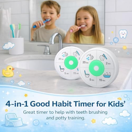 4-in-1 Timer for Kids, 2 Minute Toothbrushing, 20 Seconds Hand Washing Timer, 5 Mins Potty Training, 15 Mins Shower Time, Magnetic Toothbrush Time for Boy & Girl Routine, Healthy Habit