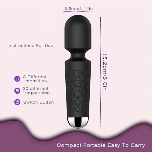 Powerful Cordless Massager - Personal 8 Intensity & 20 Modes mini Massager, Handheld Vibration Wand for Deep Tissue Relief in Back, Neck, Legs & Muscles - Portable for Home & Travel (Black)