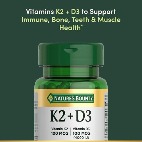 Nature’s Bounty Vitamin D3 K2 Supplement, 4000 IU Vitamin D3 plus 100 mcg of Vitamin K Supplements for Adults for Heart & Bone Health Support, 30 Day Supply, 30 Vegetarian Capsules