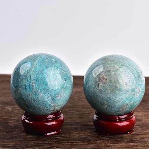 JIC Gem Natural Amazonite Crystal Sphere with Wood Stand Gemstone Sphere,Polished Healing Energy Mineral Gemstone Balls for Reiki Chakra Decoration Fengshui (60-70mm)