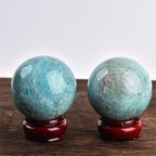 JIC Gem Natural Amazonite Crystal Sphere with Wood Stand Gemstone Sphere,Polished Healing Energy Mineral Gemstone Balls for Reiki Chakra Decoration Fengshui (60-70mm)