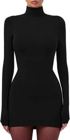 LAGSHIAN Women's Sexy Basic High Neck Long Sleeve Bodycon Club Party Mini Dress