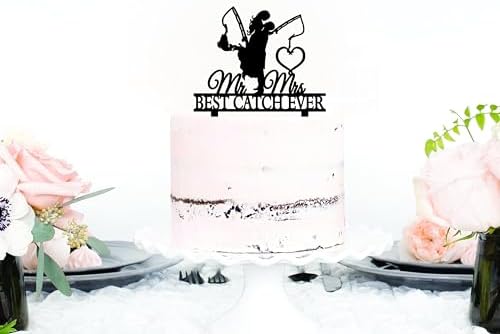 Funny Fishing Wedding Cake Topper - Best Catch Ever - Groom Hugging Bride, Mr&Mrs (Fishing Couple)