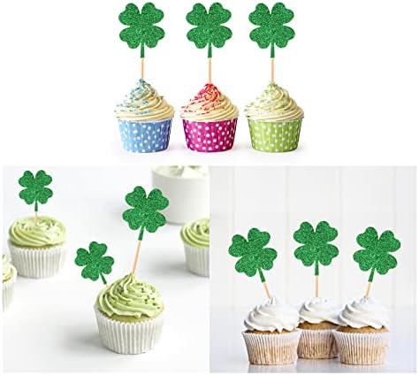 12Pcs St Patrick's Day Cupcake Toppers, Glitter Four Leaf Clover Cupcake Picks, Shamrock Cupcake Toppers, Lucky One Birthday Decorations Wedding Party Cake Decorations
