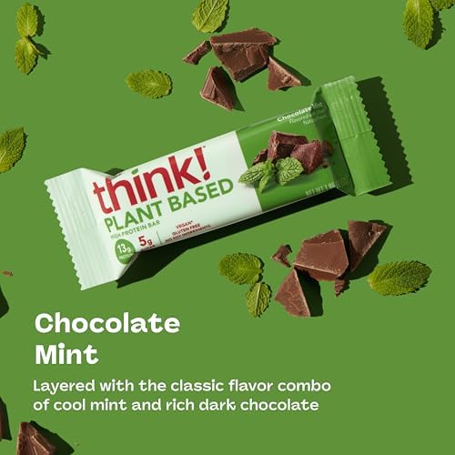 think! Vegan/Plant Based High Protein Bars - Chocolate Mint, 13g Protein, 5g Sugar, No Artificial Sweeteners, Non GMO Project Verified, 10 Count (Packaging May Vary)