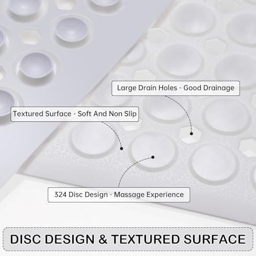 Linoows Non-Slip Bathtub and Shower Mats, Power Grip Bath Mat 35 x 16.3 Inch with Suction Cups and Drain Holes for Tub Bathroom Floor Safety, Machine Washable Soft Bathmat, White