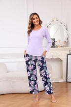PNAEONG Women's Cotton Long-Sleeve Tops and Full-Length Pajama Set Two-Piece Pjs with Pockets SY008