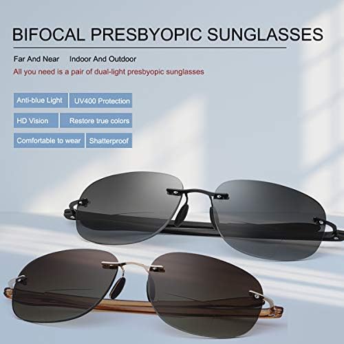 2 Pairs Rimless Bifocal Reading Glasses UV Protection Sunglasses Anti Blue Light Blocking Sun Readers for Men Women