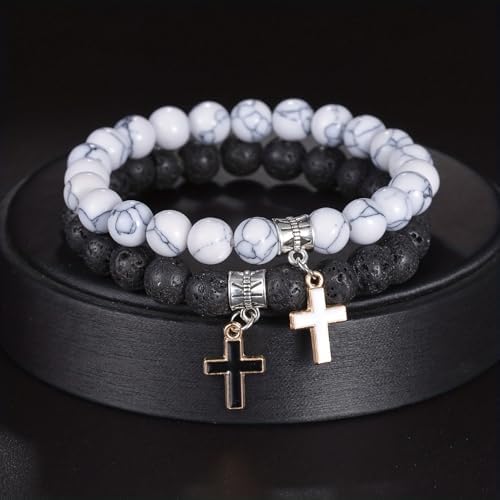2 Pcs Set Matte Lava Rock Beaded Couple Bracelet Black White 8mm Howlite Volcanic Stone Matching Beads Elastic Cross Pendant Stretch Bracelets Religion Charm BFF Jewelry for Women Men