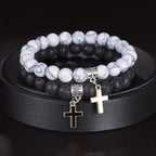 2 Pcs Set Matte Lava Rock Beaded Couple Bracelet Black White 8mm Howlite Volcanic Stone Matching Beads Elastic Cross Pendant Stretch Bracelets Religion Charm BFF Jewelry for Women Men