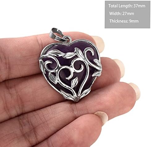 Nupuyai 2pcs Healing Amethyst Gemstone Pendant Heart Shaped Crystal Necklace for Women, Flower Leaf Wrapped Love Heart Quartz Stone Necklace