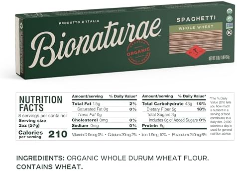 Bionaturae Spaghetti Pasta Noodles - Whole Wheat Pasta, Kosher Certified, High Protein, Non-GMO, USDA Certified, Whole Wheat Spaghetti, Spaghetti Pasta Organic, Crafted in Italy - 16 Oz, 6 Pack