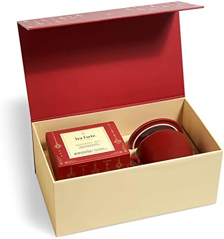 Tea Forte Warming Joy Tea Gift Set, Tea Gift Box with Red Cafe Cup, Tea Tray & Tea Bags Variety Pack with 10 Organic Pyramid Tea Infuser Bags