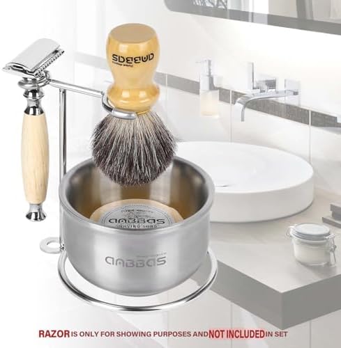 Anbbas Badger Hair Shaving Brush with Wood Handle,Stainless Steel Razor and Brush Stand, Shaving Bowl with Shaving Soap Bar 4in1 Set for Men Wet Shave