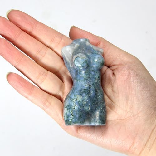 KINO Moss Agate Goddess Body with Druzy Crystal Carved Female Model Gemstone Figurines Pocket Stone Statue Healing Crystals Quartz Geode