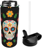 Double Wall Vacuum Insulated Stainless Steel Water Bottle with Lid and Straw for Men Women, Mexican Sugar Skulls Mexico Day Of The Dead Flowers